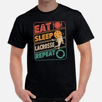 Lax T-Shirt & Clothting - Lacrosse Gifts for Coach & Players - Ideas for Guys, Men & Women - 80s Retro Eat Sleep Lacrosse Repeat Tee - Black, Men