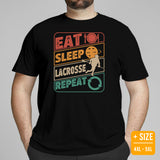 Lax T-Shirt & Clothting - Lacrosse Gifts for Coach & Players - Ideas for Guys, Men & Women - 80s Retro Eat Sleep Lacrosse Repeat Tee - Black, Plus Size