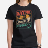 Lax T-Shirt & Clothting - Lacrosse Gifts for Coach & Players - Ideas for Guys, Men & Women - 80s Retro Eat Sleep Lacrosse Repeat Tee - Black, Women