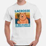 Lax T-Shirt & Clothting - Lacrosse Gifts for Coach & Players - Ideas for Men & Women - Funny Lacrosse Because Murder Is Wrong Tee - White, Men