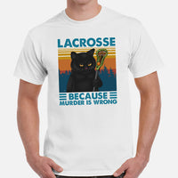 Lax T-Shirt - Lacrosse Gifts for Coach & Players, Cat Lovers - Ideas for Guys, Men & Women - Funny Lacrosse Because Murder Is Wrong Tee - White, Men