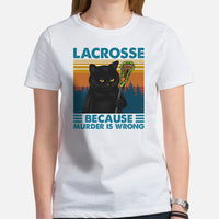 Lax T-Shirt - Lacrosse Gifts for Coach & Players, Cat Lovers - Ideas for Guys, Men & Women - Funny Lacrosse Because Murder Is Wrong Tee - White, Women