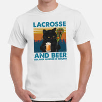 Lax T-Shirt - Lacrosse Gifts for Coach & Players, Cat Lovers - Ideas for Guys & Women - Funny Lax & Beer Because Murder Is Wrong Tee - White, Men