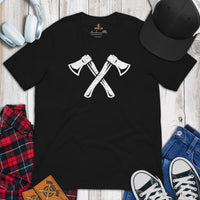 Lumberjack T-Shirt - Gift for Logger, Carpenter, Axe Thrower - Logging, Axe Throwing, Carpentry Outfit, Clothes - Retro Hatchets Tee - Black