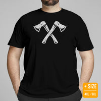 Lumberjack T-Shirt - Gift for Logger, Carpenter, Axe Thrower - Logging, Axe Throwing, Carpentry Outfit, Clothes - Retro Hatchets Tee - Black, Plus Size