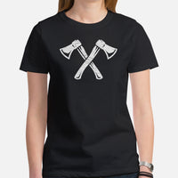 Lumberjack T-Shirt - Gift for Logger, Carpenter, Axe Thrower - Logging, Axe Throwing, Carpentry Outfit, Clothes - Retro Hatchets Tee - Black, Women