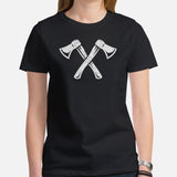 Lumberjack T-Shirt - Gift for Logger, Carpenter, Axe Thrower - Logging, Axe Throwing, Carpentry Outfit, Clothes - Retro Hatchets Tee - Black, Women