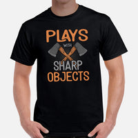 Lumberjack T-Shirt - Gift for Logger, Carpenter, Axe Thrower - Logging, Axe Throwing, Carpentry Outfit - Play With Sharp Objects Tee - Black, Men