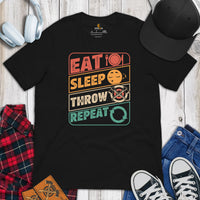 Lumberjack T-Shirt - Gift for Logger, Carpenter, Axe Thrower - Logging, Axe Throwing Outfit - 80s Retro Eat Sleep Throw Repeat Tee - Black