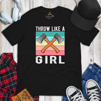 Lumberjack T-Shirt - Gift for Logger, Carpenter, Axe Thrower - Logging, Axe Throwing Outfit, Clothes - Retro Throw Like A Girl Tee - Black