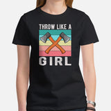 Lumberjack T-Shirt - Gift for Logger, Carpenter, Axe Thrower - Logging, Axe Throwing Outfit, Clothes - Retro Throw Like A Girl Tee - Black, Women