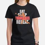 Lumberjack T-Shirt - Gift for Logger, Carpenter, Axe Thrower - Logging, Axe Throwing Outfit - Funny Eat Sleep Throw Axes Repeat Tee - Black, Women