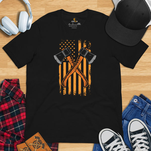 Lumberjack T-Shirt - Gift for Logger, Carpenter, Axe Thrower - Logging, Hatchet Axe Throwing Outfit - Patriotic Us Flag Themed Tee - Black