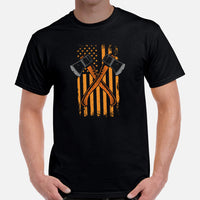 Lumberjack T-Shirt - Gift for Logger, Carpenter, Axe Thrower - Logging, Hatchet Axe Throwing Outfit - Patriotic Us Flag Themed Tee - Black, Men