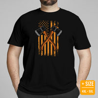 Lumberjack T-Shirt - Gift for Logger, Carpenter, Axe Thrower - Logging, Hatchet Axe Throwing Outfit - Patriotic Us Flag Themed Tee - Black, Plus Size