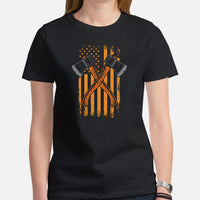 Lumberjack T-Shirt - Gift for Logger, Carpenter, Axe Thrower - Logging, Hatchet Axe Throwing Outfit - Patriotic Us Flag Themed Tee - Black, Women