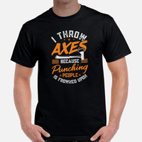 Lumberjack T-Shirt - Gift for Logger, Carpenter, Axe Thrower - Logging Outfit - I Throw Axes 'Cause Punching People Is Frowned Upon Tee - Black, Men