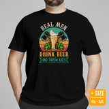 Lumberjack T-Shirt - Gift for Logger, Carpenter, Beer Lover - Logging, Carpentry Outfit, Clothes - Real Men Drink Beer & Throw Axes Tee - Black, Plus Size