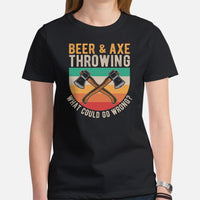 Lumberjack T-Shirt - Gift for Logger, Carpenter, Beer Lover - Logging Outfit, Clothes - Beer And Axe Throwing What Could Go Wrong Tee - Black, Women