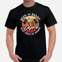 Lumberjack T-Shirt - Gift for Logger, Carpenter, Beer Lover - Logging Outfit, Clothes - Beer And Sharp Objects What Could Go Wrong Tee - Black, Men