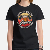 Lumberjack T-Shirt - Gift for Logger, Carpenter, Beer Lover - Logging Outfit, Clothes - Beer And Sharp Objects What Could Go Wrong Tee - Black, Women