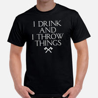 Lumberjack T-Shirt - Gift for Logger, Carpenter, Wine & Beer Lover - Logging, Carpentry Outfit, Clothes - I Drink & I Throw Things Tee - Black, Men