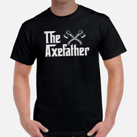 Lumberjack T-Shirt - Gifts for Loggers, Carpenters, Axe Throwers - Logging, Axe Throwing, Carpentry Outfit, Clothes - The Axefather Tee - Black, Men