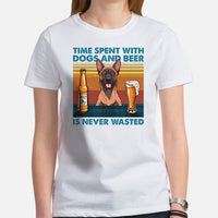 Malinois Dog Themed Clothes - Canine Tee Shirts For Humans - Gifts for Dog Lovers - Time Spent With Dogs & Beer Is Never Wasted T-Shirt - White, Women