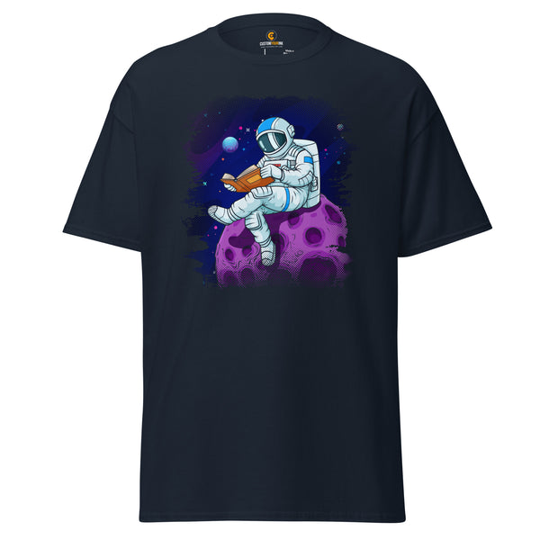 Ideal Book Lovers Gift Reading Astronaut Short Sleeve Tee for Booktok, Bookish, Librarians, Gift for Avid Readers and Space Enthusiasts - Navy