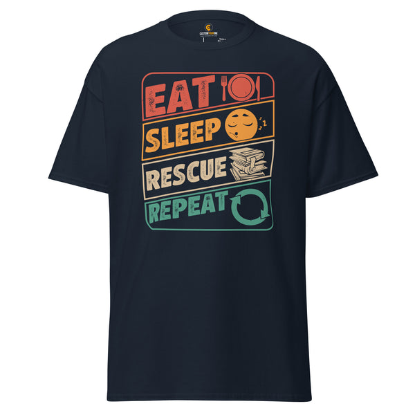 Purr-fect Book Lover Gift - Vintage Eat Sleep Rescue Repeat Bookish Shirt for Bookworms, Librarians, Fur Mom and Dad, Pet Owners - Navy