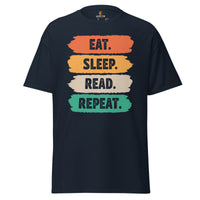 Gift for Book Lover - Eat Sleep Read Repeat Retro Vintage Vibe Bookish Shirt - Reading Squad Tee for Bookworms, Librarian, Avid Readers - Navy