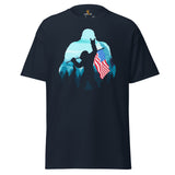 Cryptid Legends, Sasquatch, Yeti Patriotic Shirt for Camping & Outdoor Enthusiasts - 4th of July Tee - Bigfoot American Flag T-Shirt - Navy