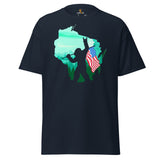 Cryptid Legends, Sasquatch, Yeti Patriotic Shirt for Outdoor Enthusiasts - 4th of July Wisconsin Map Tee - Bigfoot American Flag Shirt - Navy