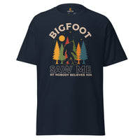 Cryptid Legends: Sasquatch, Yeti Squatchy Tee for Camping & Outdoor Enthusiasts - Vintage Bigfoot Saw Me But Nobody Believes Him Shirt - Navy