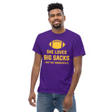 Funny Football Fanatic T-Shirt - She Loves Big Sacks & That Minnesota D Shirt - Ideal Gifts for Football Fans - Game Day Shirt - Purple