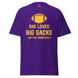 Funny Football Fanatic T-Shirt - She Loves Big Sacks & That Minnesota D Shirt - Ideal Gifts for Football Fans - Game Day Shirt - Purple