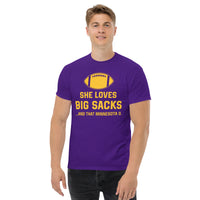 Funny Football Fanatic T-Shirt - She Loves Big Sacks & That Minnesota D Shirt - Ideal Gifts for Football Fans - Game Day Shirt - Purple, Men