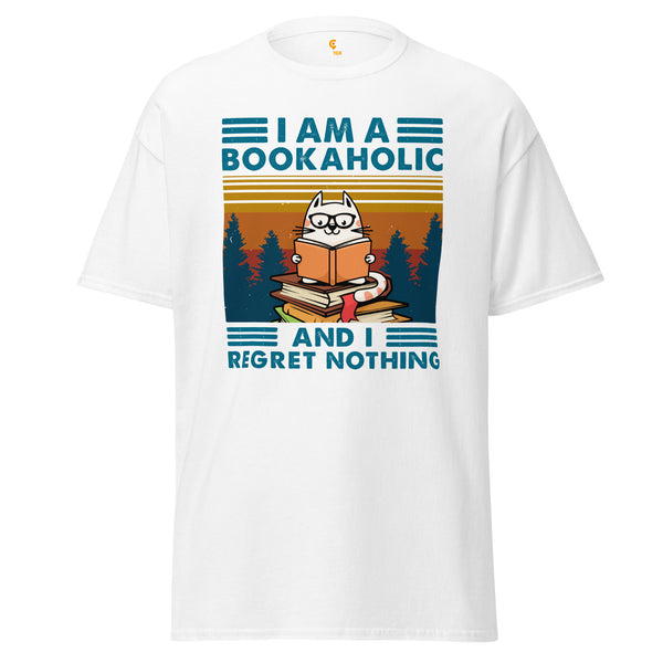 Ideal Book Lover Gift | Vintage I Am A Bookaholic And I Regret Nothing Cat-Inspired Bookish Shirt for Bookworms, Purr Mom and Dad - White