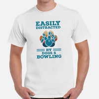 Men's & Women's Bowler Shirt, Outfit - Bowling Alley Themed Party Favors - Gift for Bowler - Easily Distracted By Dogs And Bowling Tee - White, Men