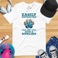 Men's & Women's Bowler Shirt, Outfit - Bowling Alley Themed Party Favors - Gift for Bowler - Easily Distracted By Dogs And Bowling Tee - White