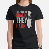 Men's & Women's Bowler Shirt, Outfit - Bowling Alley Themed Party Favors - Gift for Bowler - Funny They See Me Bowlin' They Hatin' Tee - Black, Women