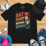 Men's & Women's Bowler Shirt, Outfit - Bowling Alley Themed Party Favors - Present, Gift for Bowler - Retro Eat Sleep Bowl Repeat Tee - Black