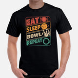 Men's & Women's Bowler Shirt, Outfit - Bowling Alley Themed Party Favors - Present, Gift for Bowler - Retro Eat Sleep Bowl Repeat Tee - Black, Men