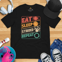 Men's & Women's Bowler Shirt, Outfit - Bowling Alley Themed Party Favors - Present, Gift for Bowler - Retro Eat Sleep Strike Repeat Tee - Black