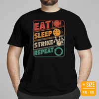 Men's & Women's Bowler Shirt, Outfit - Bowling Alley Themed Party Favors - Present, Gift for Bowler - Retro Eat Sleep Strike Repeat Tee - Black, Plus Size