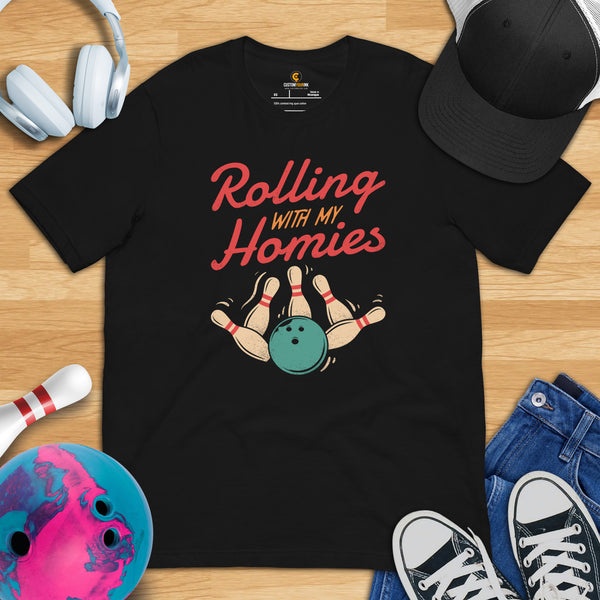 Men's & Women's Bowler Shirt, Outfit - Bowling Alley Themed Party Favors - Present, Gift for Bowler - Retro Rolling With My Homies Tee - Black