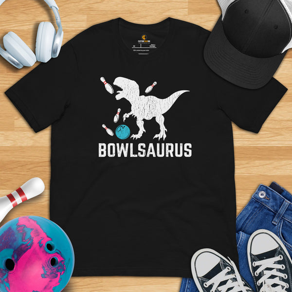 Men's & Women's Bowler Shirt, Outfit - Bowling Alley Themed Party Favors - Presents, Gifts for Bowlers - Funny Bowlsaurus Dinosaur Tee - Black