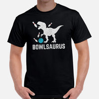 Men's & Women's Bowler Shirt, Outfit - Bowling Alley Themed Party Favors - Presents, Gifts for Bowlers - Funny Bowlsaurus Dinosaur Tee - Black, Men