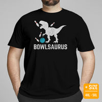 Men's & Women's Bowler Shirt, Outfit - Bowling Alley Themed Party Favors - Presents, Gifts for Bowlers - Funny Bowlsaurus Dinosaur Tee - Black, Plus Size