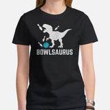 Men's & Women's Bowler Shirt, Outfit - Bowling Alley Themed Party Favors - Presents, Gifts for Bowlers - Funny Bowlsaurus Dinosaur Tee - Black, Women